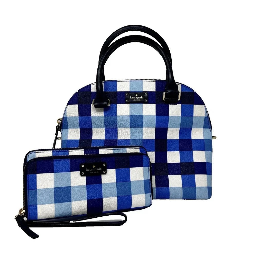 Kate Spade Grove Street Carli Satchel & Matching Wallet Set Blue Pacific Gingham